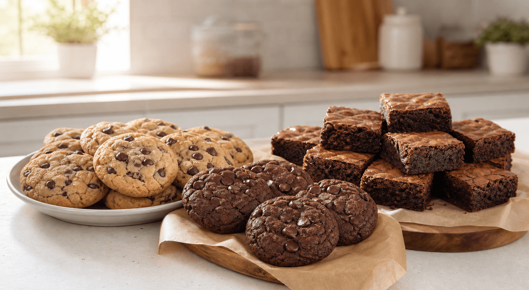 Fresh chocolate chip cookies on a home bakery counter